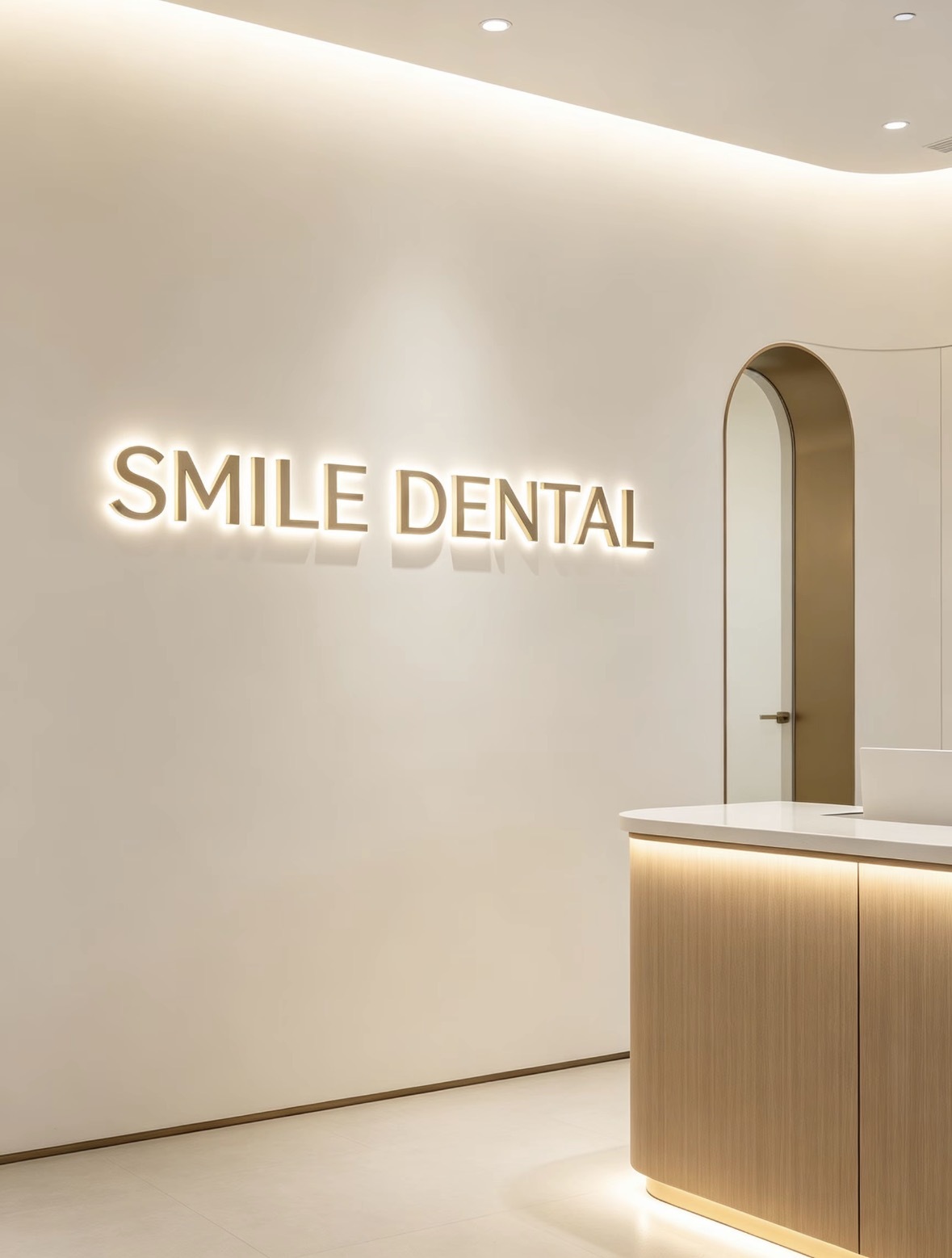 Backlit halo‑illuminated custom metal 3D logo mounted in modern dental clinic reception interior