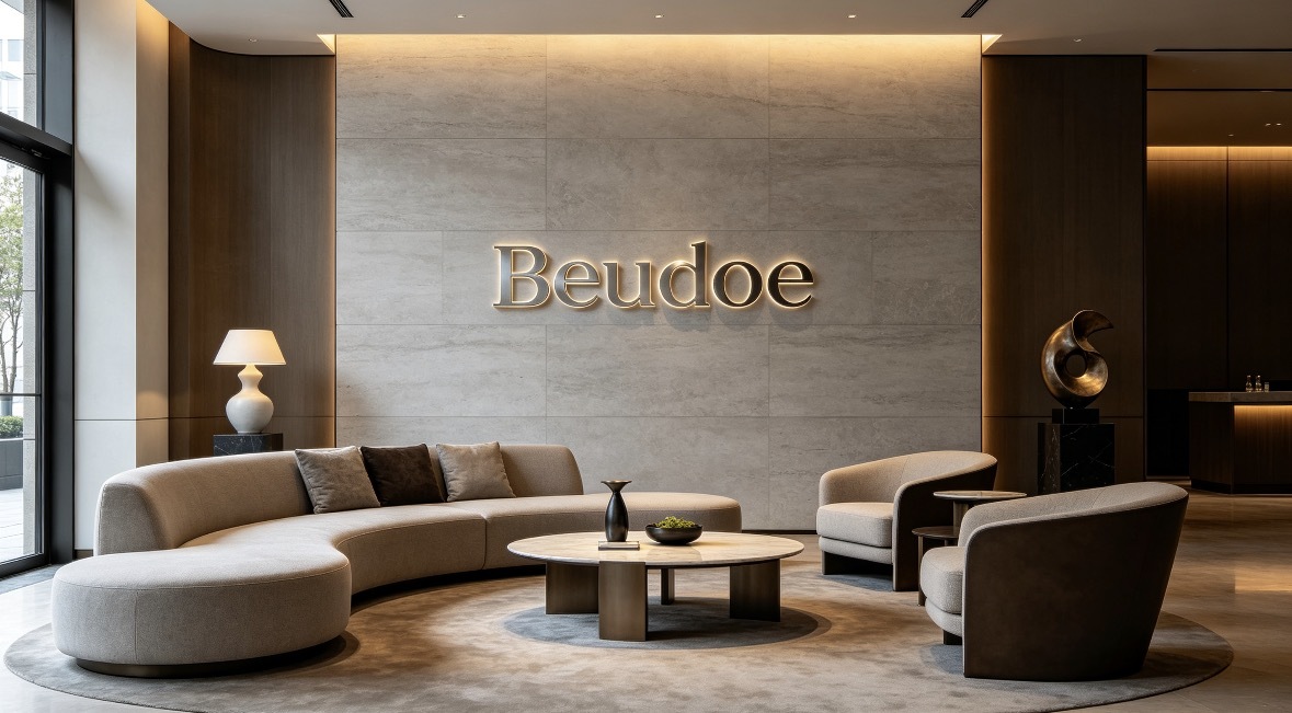 Backlit halo‑illuminated custom metal 3D logo installed in luxury boutique hotel lobby interior