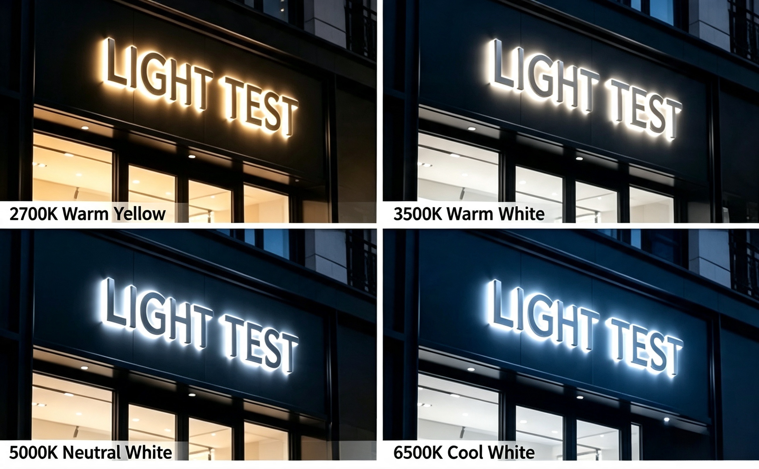 Backlit Stainless Steel Sign Color Temperature Comparison Chart Refer to the following color temperature comparison chart to clearly distinguish the lighting difference of 2700K, 3500K, 5000K, and 6500K backlit signs.