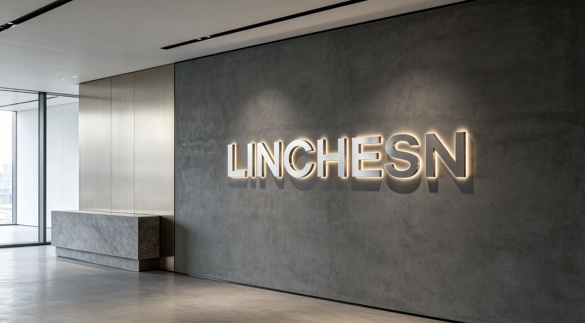 Backlit stainless‑steel logo sign installed on corporate office reception brand wall, soft halo lighting effect