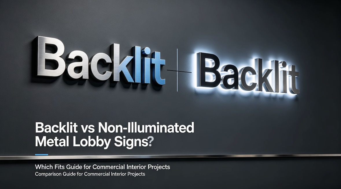 Backlit vs non‑illuminated metal lobby signs comparison for commercial interior spaces