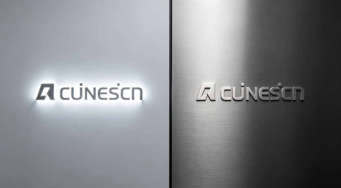 Visual comparison: backlit halo‑glow sign versus non‑illuminated stainless‑steel office logo sign