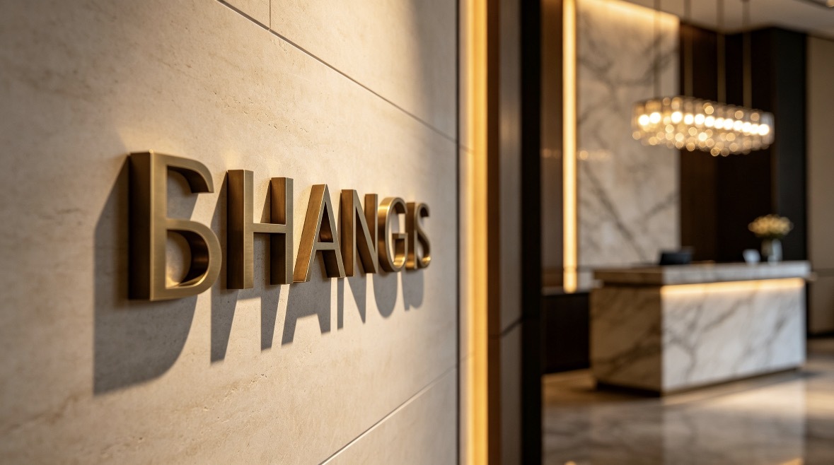 Non‑illuminated brushed champagne‑gold custom metal 3D logo mounted in bright boutique hotel lobby interior