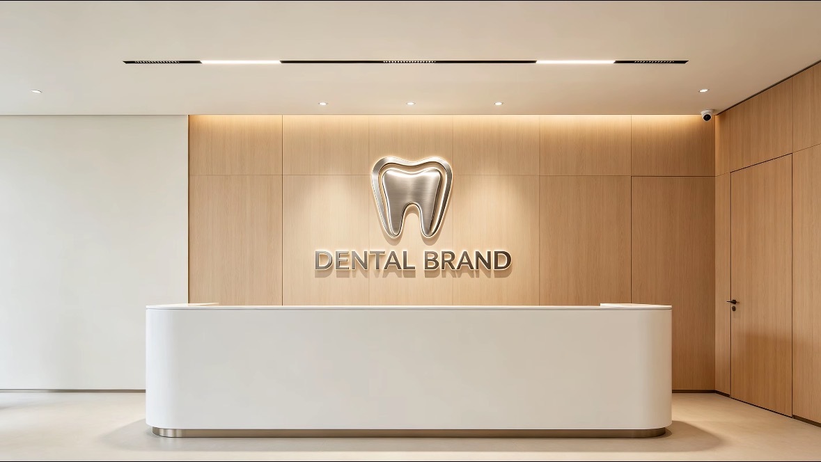 Non‑illuminated brushed metal 3D logo installed in modern dental clinic reception interior
