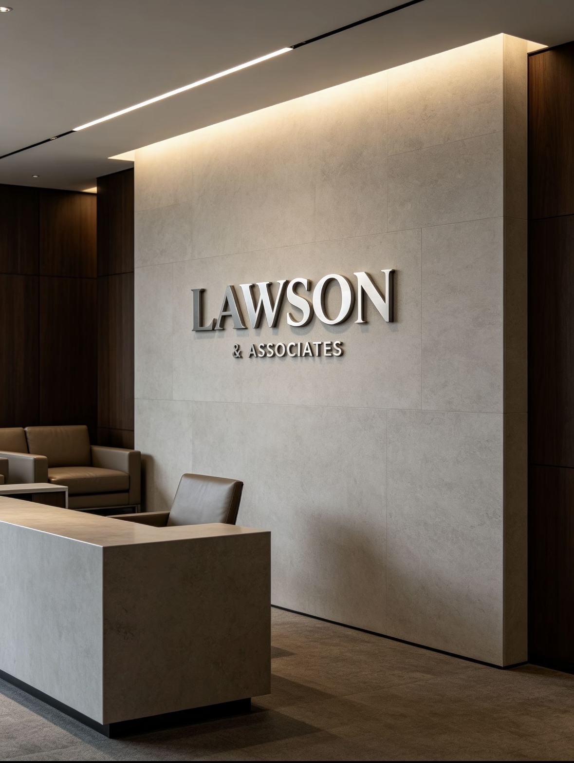 Non‑illuminated brushed stainless‑steel custom metal 3D logo installed in law firm reception interior