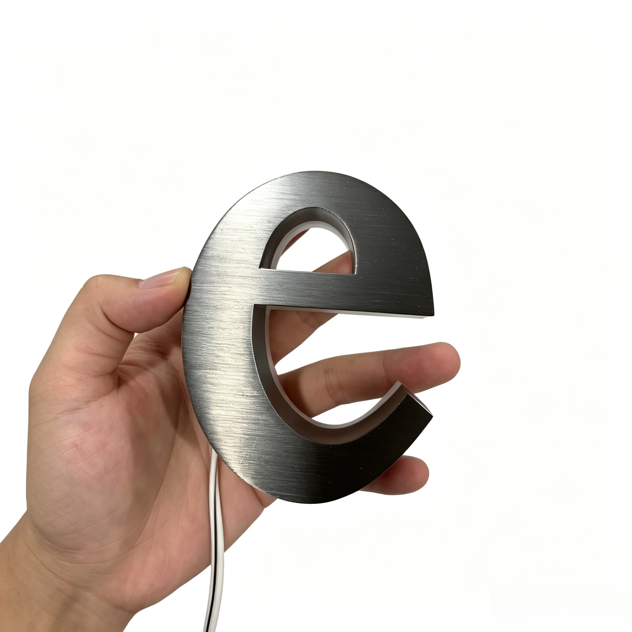 Custom brushed stainless‑steel 3D metal letter, customizable size and shape for brand signage