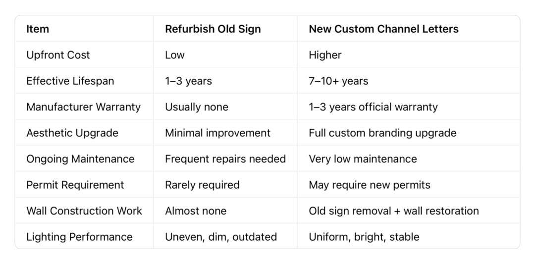 Refurbish Old Storefront Signs vs New Custom Channel Letters Comparison Table Comparison table: refurbish old storefront sign vs new custom channel letters, including cost, lifespan, warranty and maintenance for commercial signage buyers.