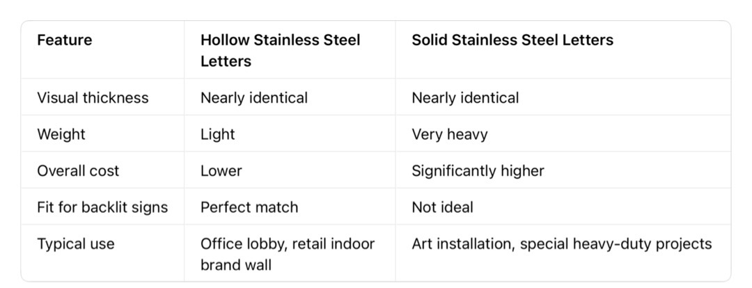 Recommended size comparison chart for indoor custom 3D stainless steel logo letters