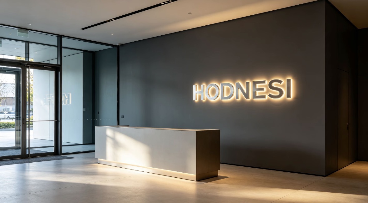 Backlit halo‑illuminated custom metal 3D logo installed in modern corporate office reception interior