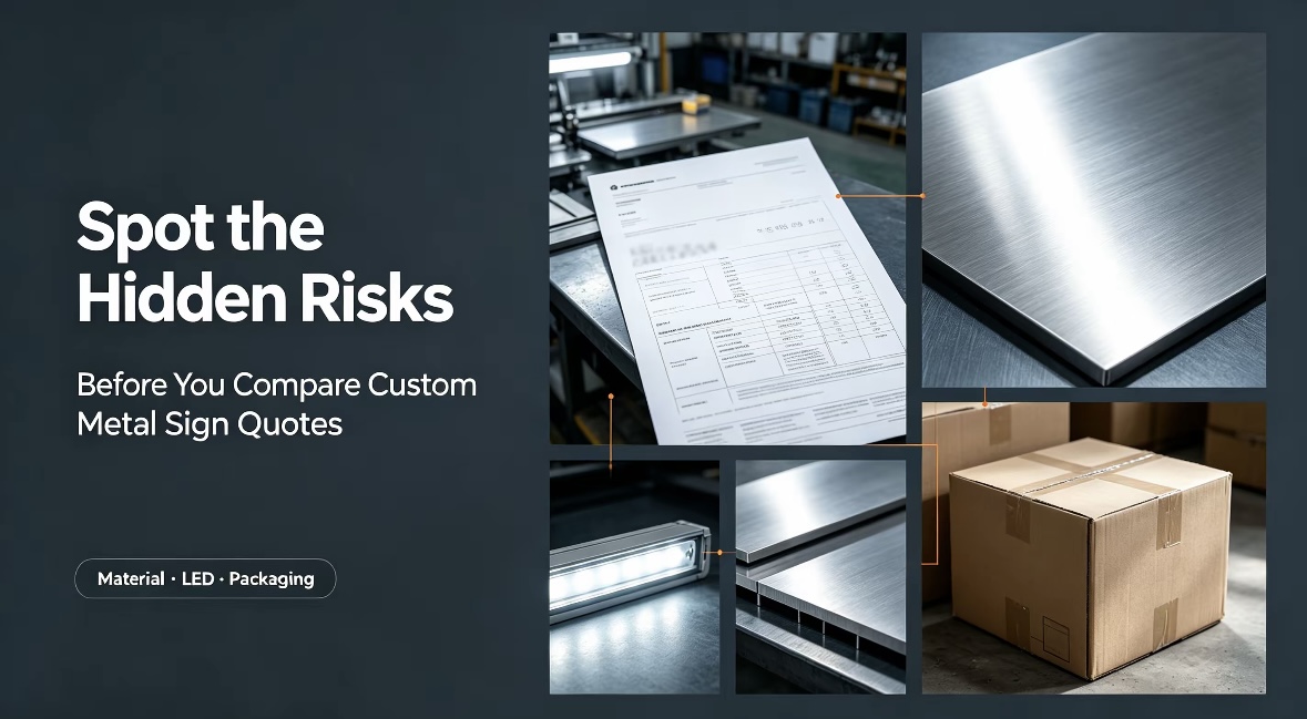 Hidden risks when comparing custom metal sign quotes: material, LED, packaging and QC. Cover image showing hidden risks when comparing custom metal sign quotes, including material, LED and packaging factors